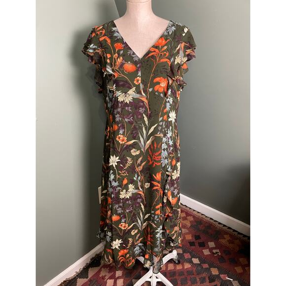 Chico's Green Floral Vneck Spring Dress. Size 10. Great condition. - Picture 1 of 6